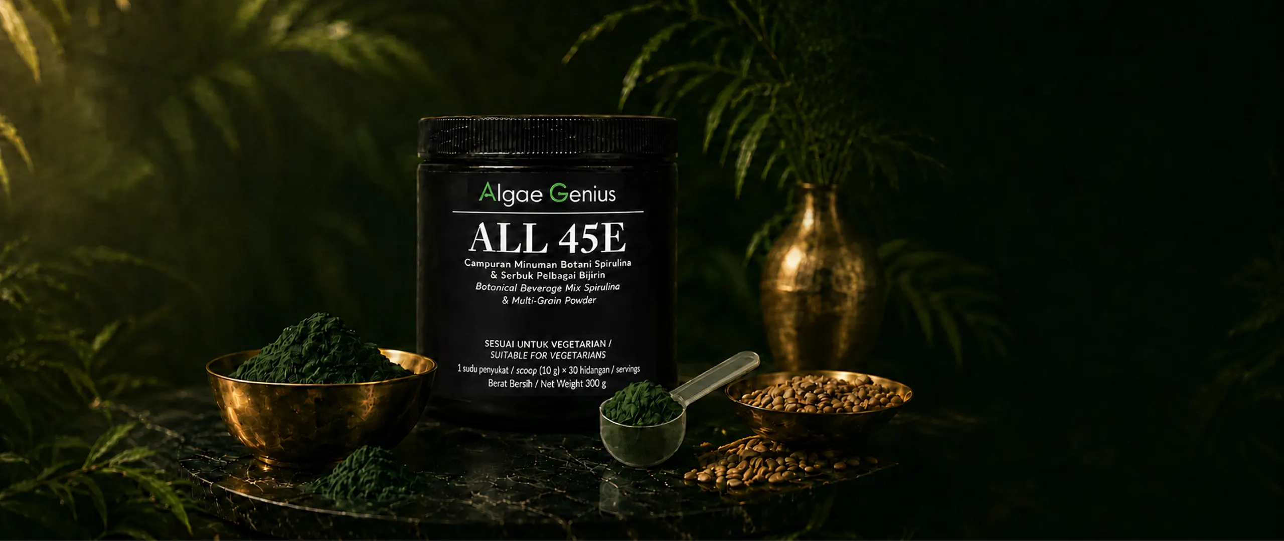 ALL 45E tub with brass bowls of spirulina and grains on a dark marble table