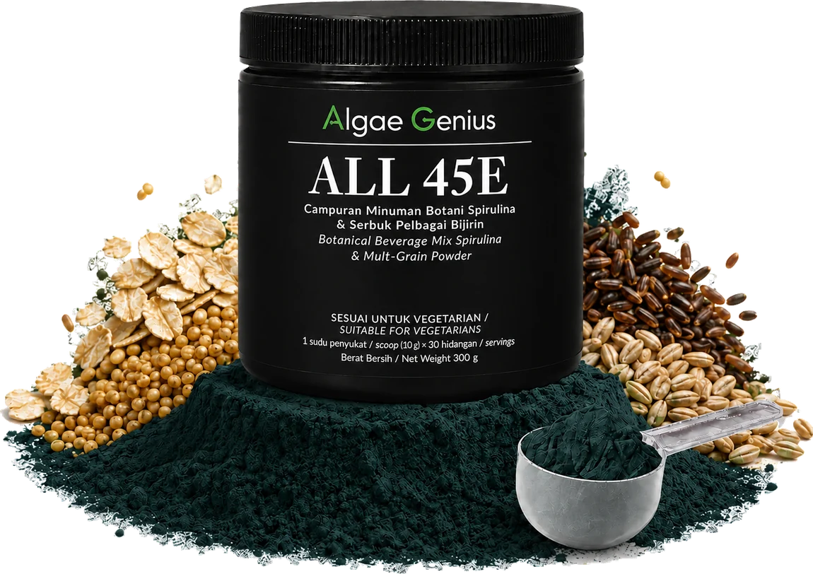 ALL 45E tub on a mound of spirulina powder with oats and whole grains