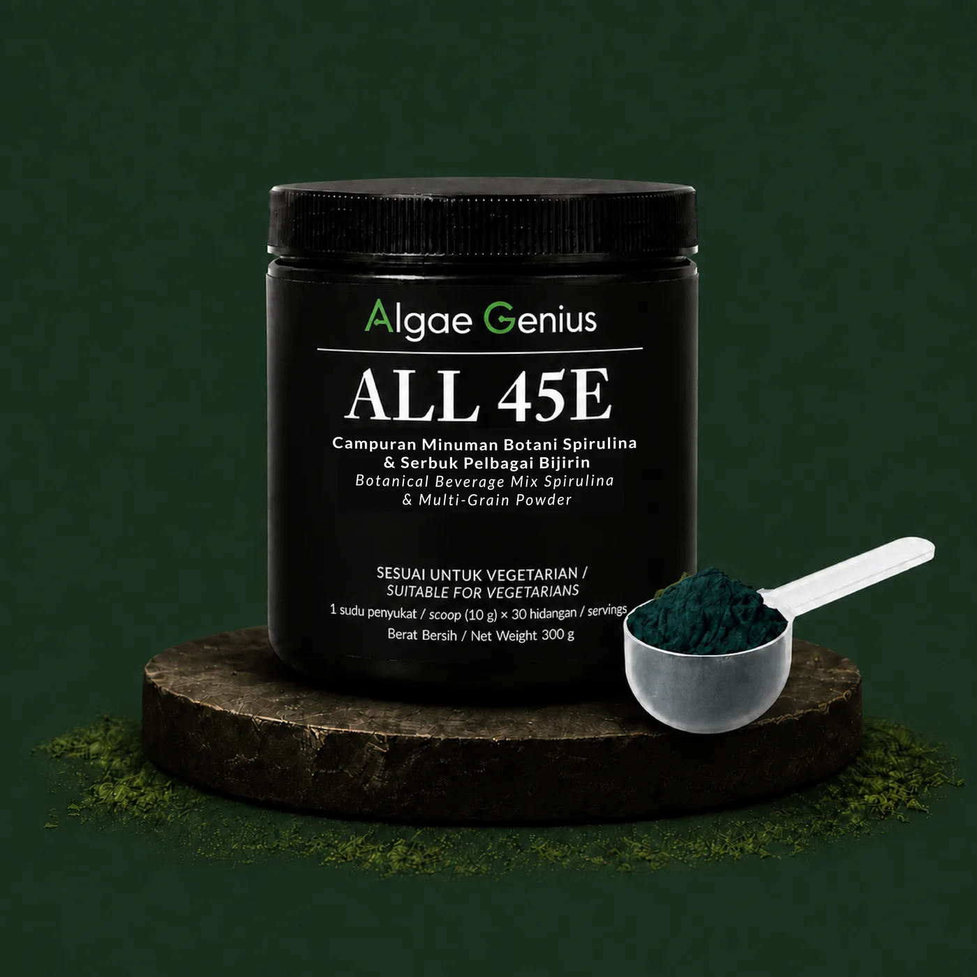 ALL 45E 300 g tub with a scoop of spirulina powder